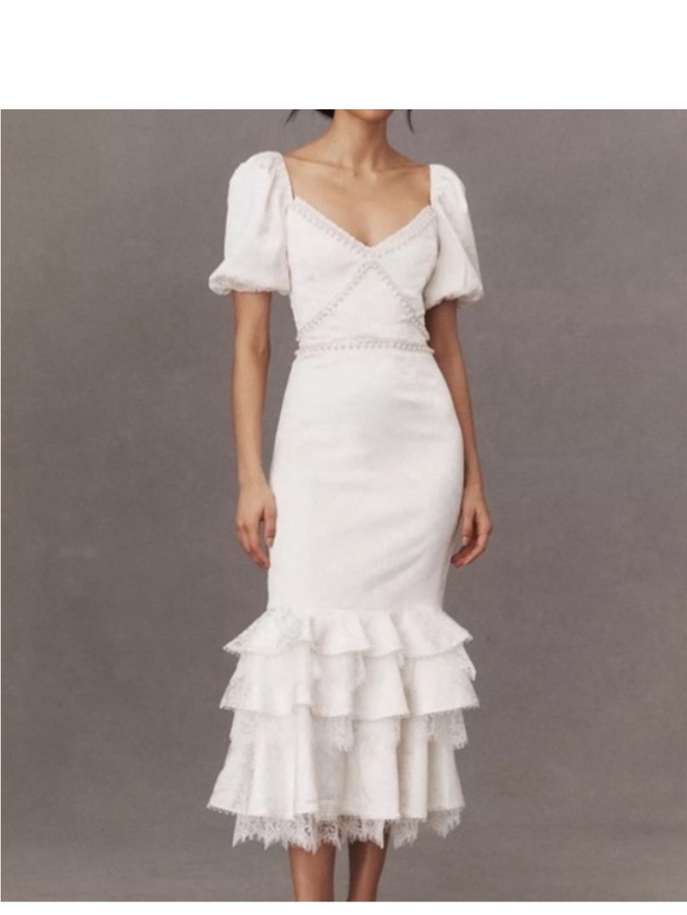 V. Chapman Cream Puff-Sleeve Midi Dress with Tiered Ruffles